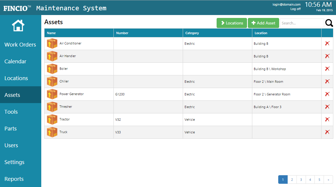 Fincio CMMS software assets screen